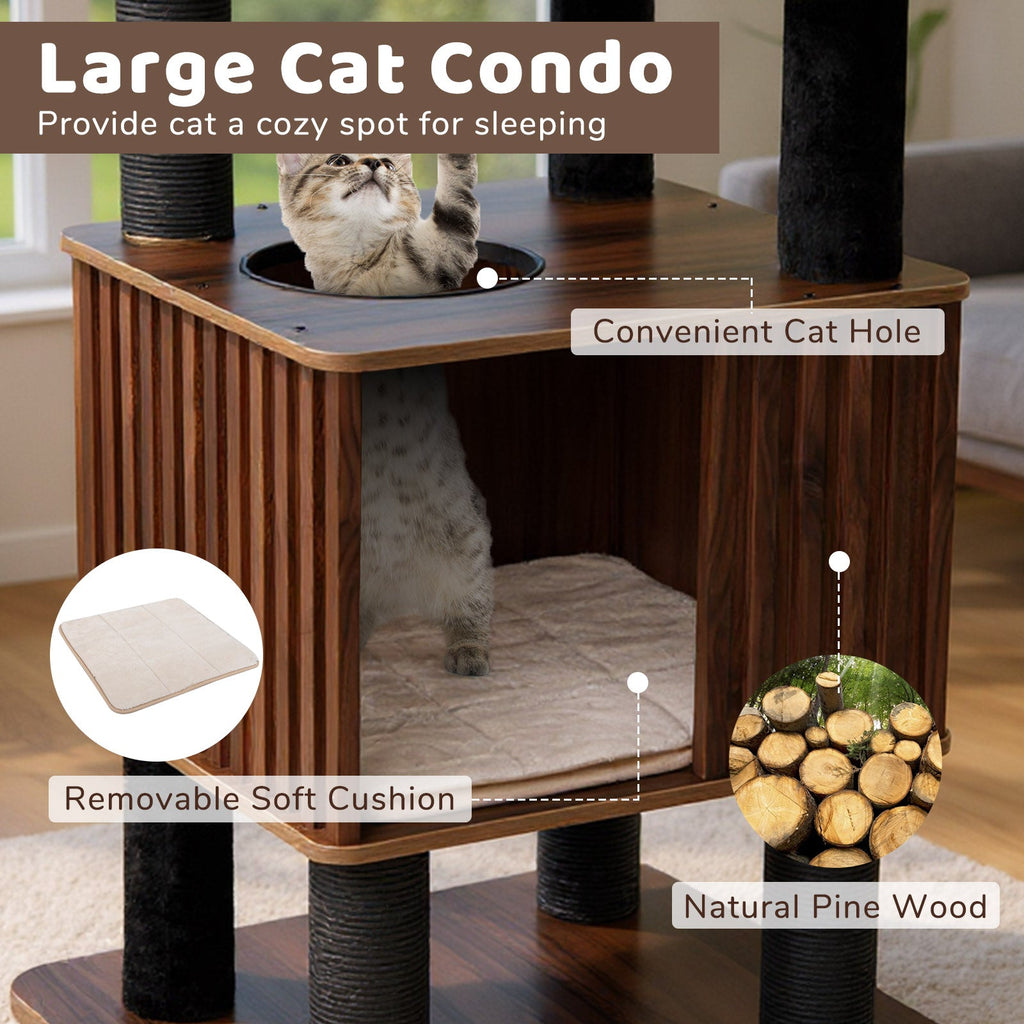 6-Level Wooden Cat Tower with Padded Top Perch and Condo – Brown