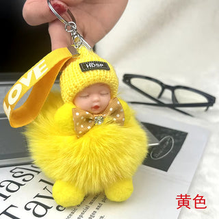 New Style Real Fox Fur Ball Pendant with Cute Sleeping Doll and Bowtie