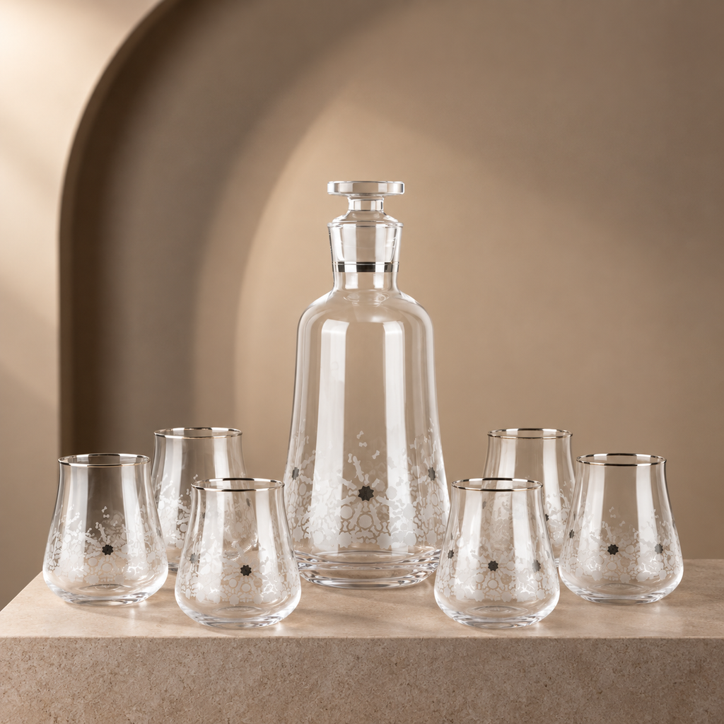 Nourhan - Jug with 6 Short glass cups - Silver