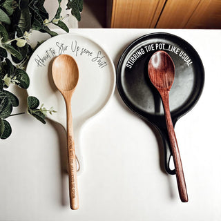 “Stir Up Sh*t” Funny Spoon Rest with Wooden Spoon – Porcelain Kitchen Gift