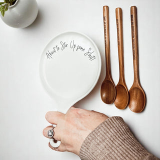 “Stir Up Sh*t” Funny Spoon Rest with Wooden Spoon – Porcelain Kitchen Gift