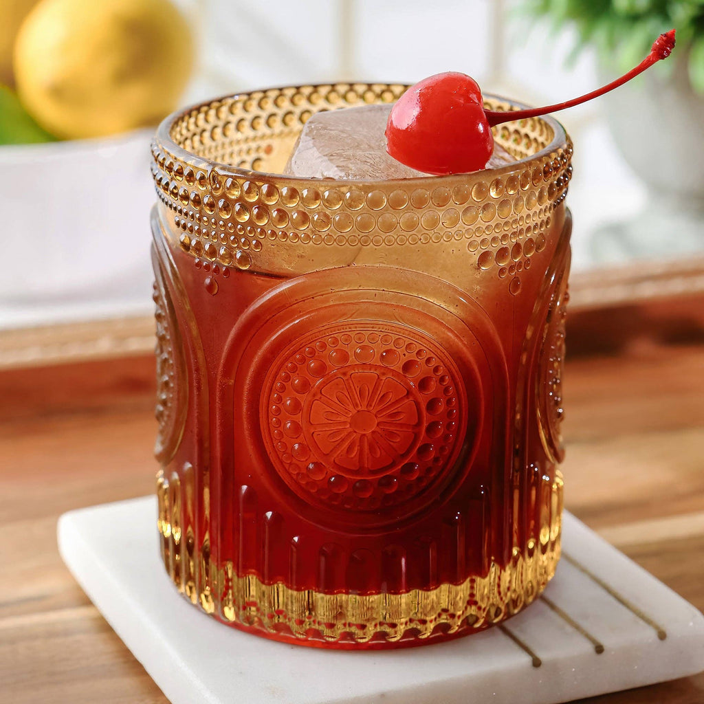 Vintage Amber Drinking Glasses – Ribbed Retro Floral, 10 oz, Set of 6