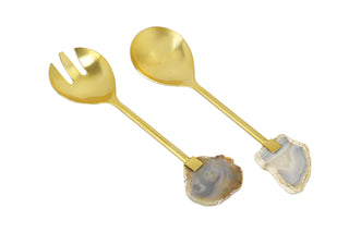Elegant Gold Salad Servers with Natural Agate Stone Handles – Set of 2