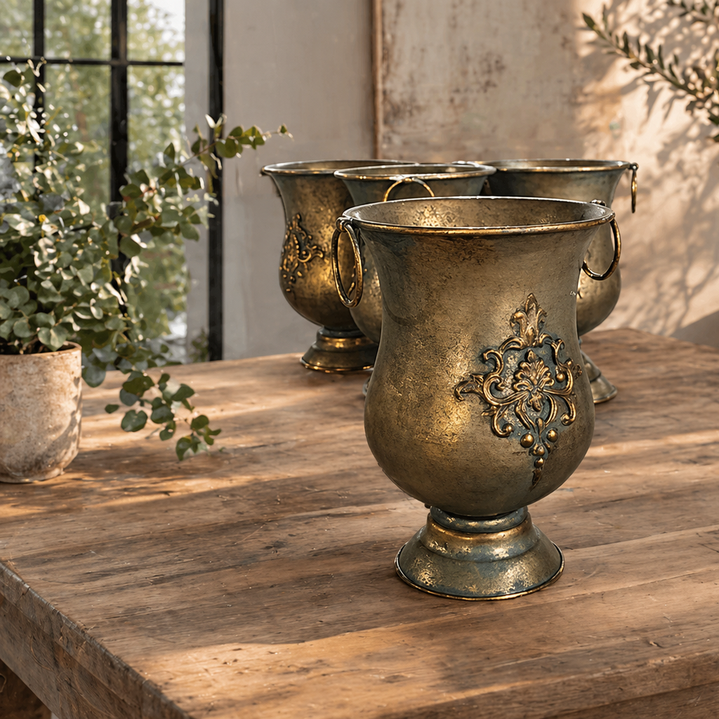 Distressed Vintage-Style Iron Urn Planter with Handles