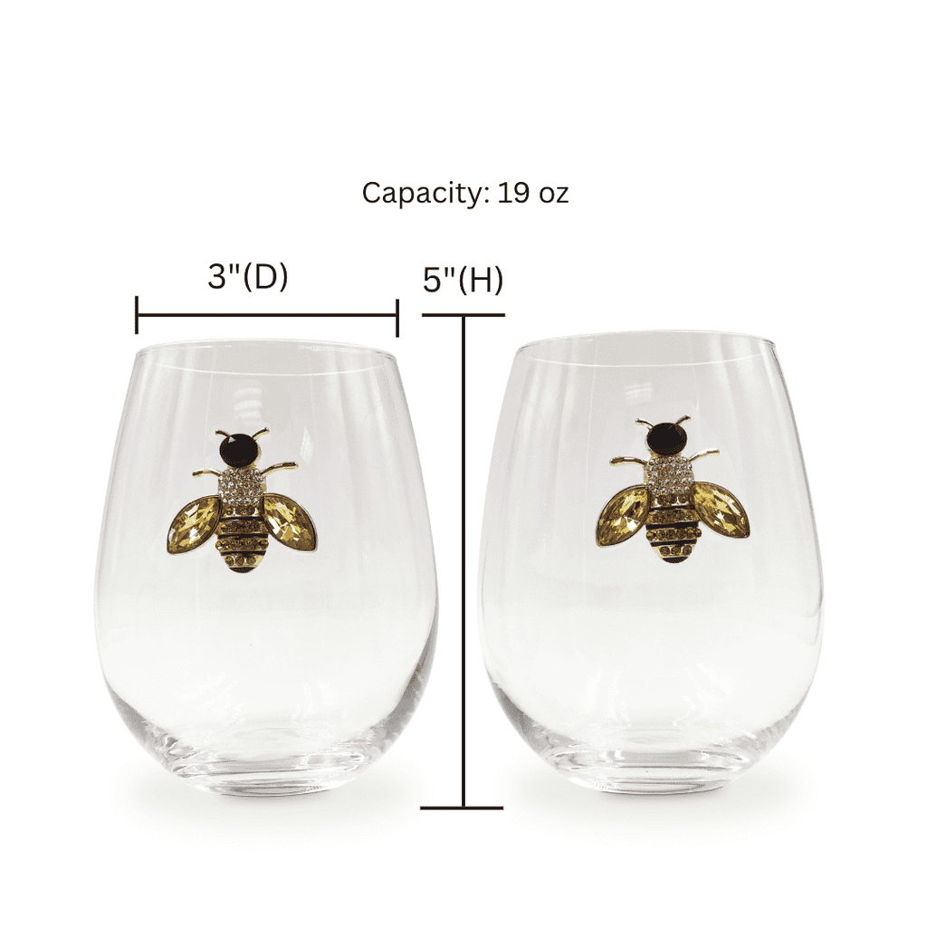 Jeweled Golden Bee Stemless Wine Glasses – Set of 2