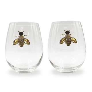 Jeweled Golden Bee Stemless Wine Glasses – Set of 2