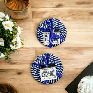 Blue & White Braided Rope Coasters – Coastal Cotton Drink Coasters (Set of 4)