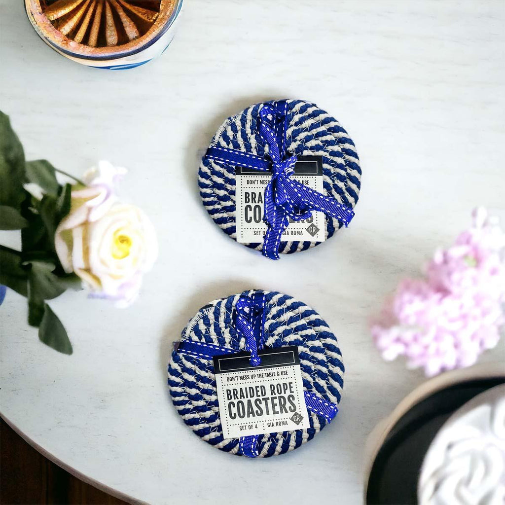 Blue & White Braided Rope Coasters – Coastal Cotton Drink Coasters (Set of 4)