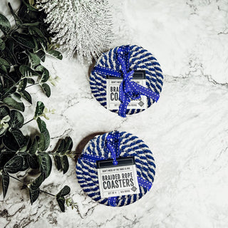 Blue & White Braided Rope Coasters – Coastal Cotton Drink Coasters (Set of 4)