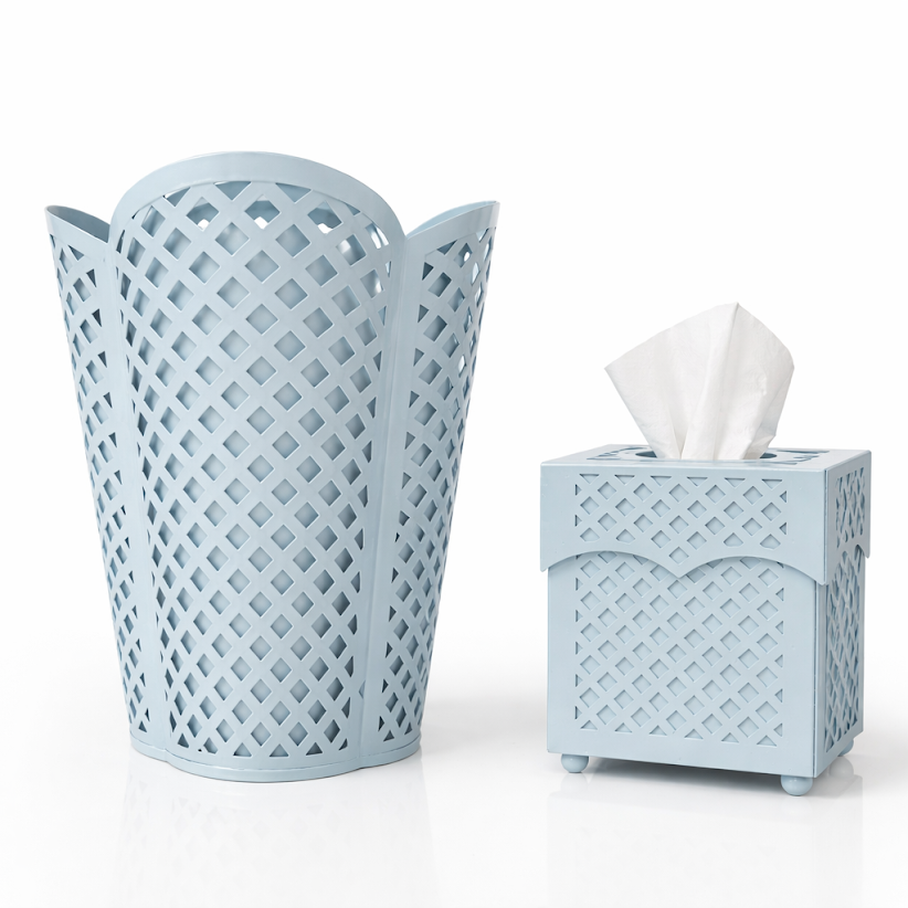 Slate Blue Lattice Wastepaper Basket & Tissue | Classic Bath Décor