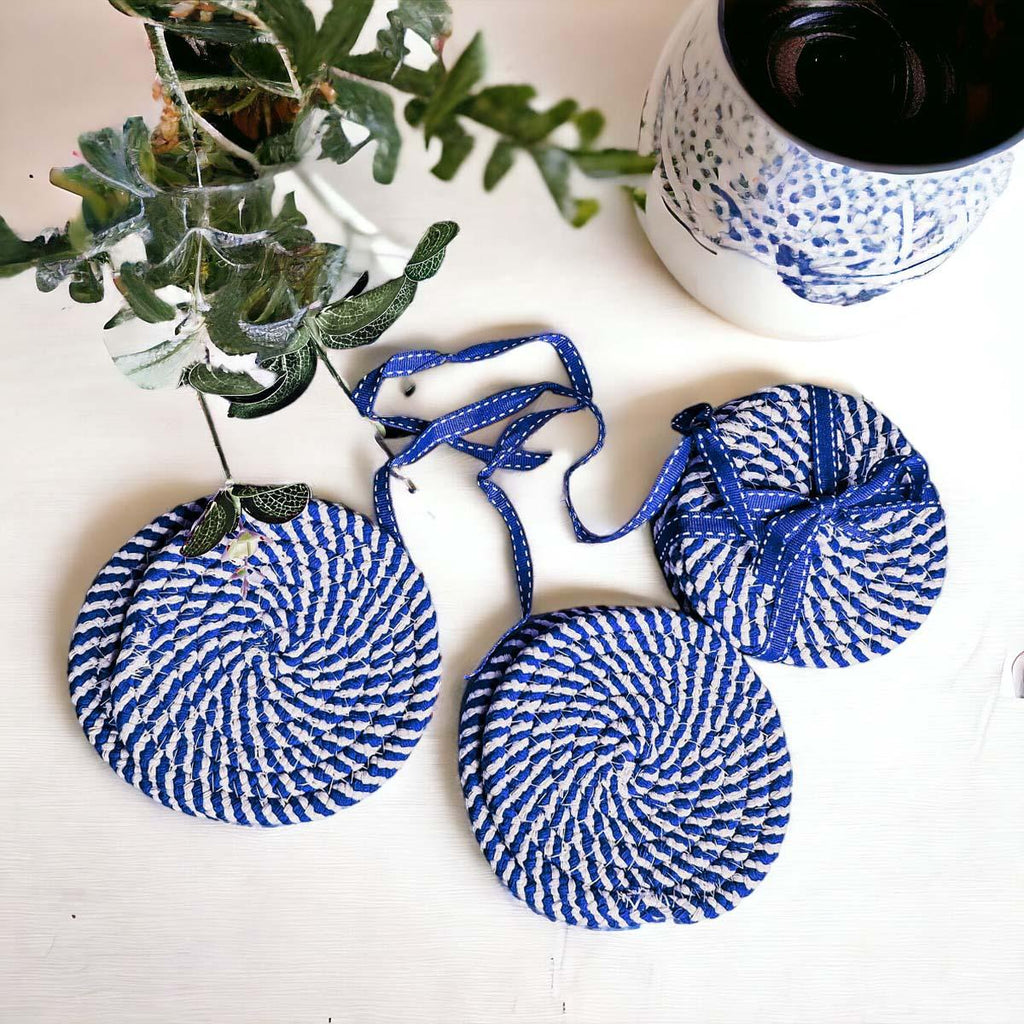 Blue & White Braided Rope Coasters – Coastal Cotton Drink Coasters (Set of 4)