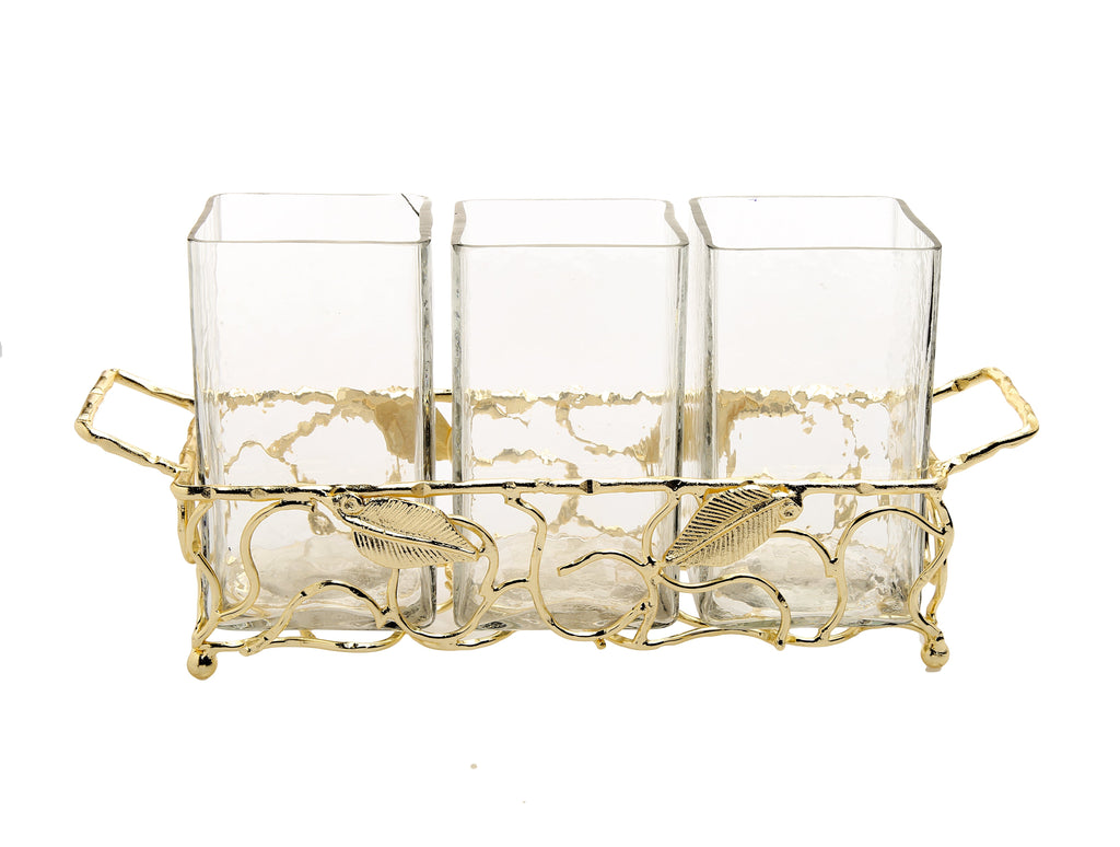 Gold Leaf Cutlery Holder with Hammered Glass Inserts