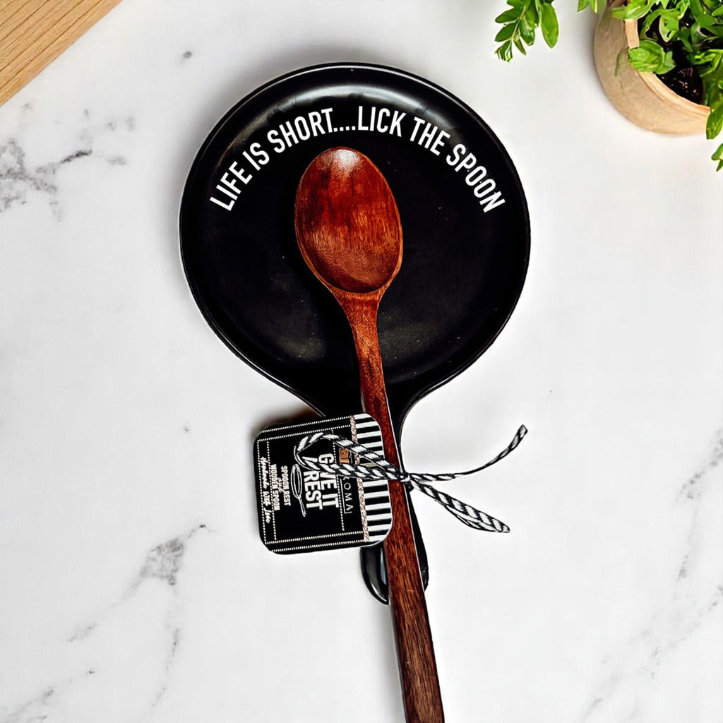 Funny Baking Spoon Rest with Wooden Spoon – Porcelain Kitchen Spoon Holder