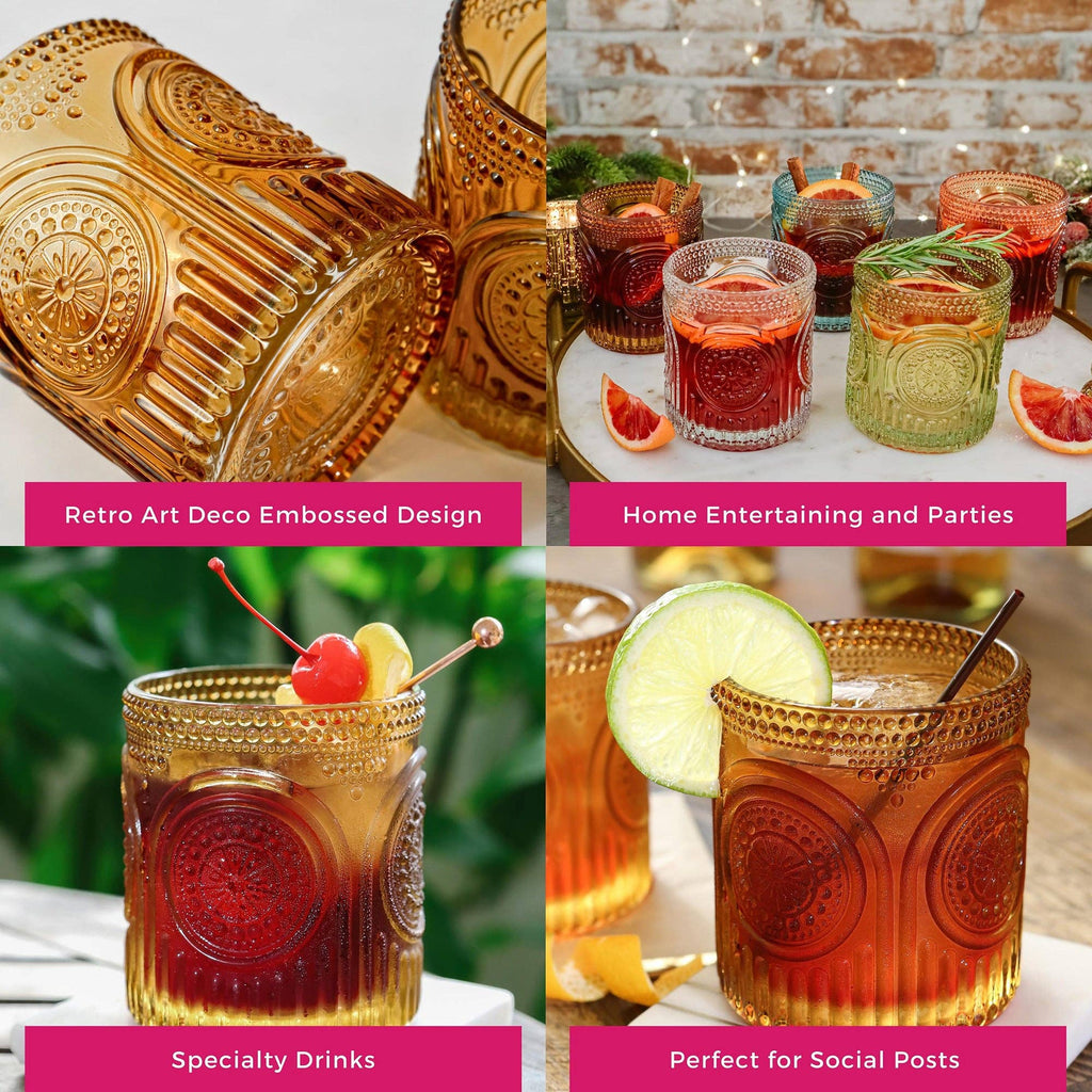 Vintage Amber Drinking Glasses – Ribbed Retro Floral, 10 oz, Set of 6
