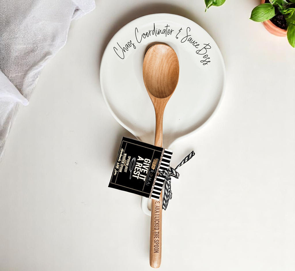 Chaos & Sauce Boss Spoon Rest with Wooden Spoon – Funny Porcelain Kitchen Gift