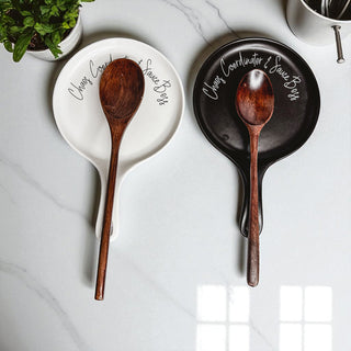Chaos & Sauce Boss Spoon Rest with Wooden Spoon – Funny Porcelain Kitchen Gift