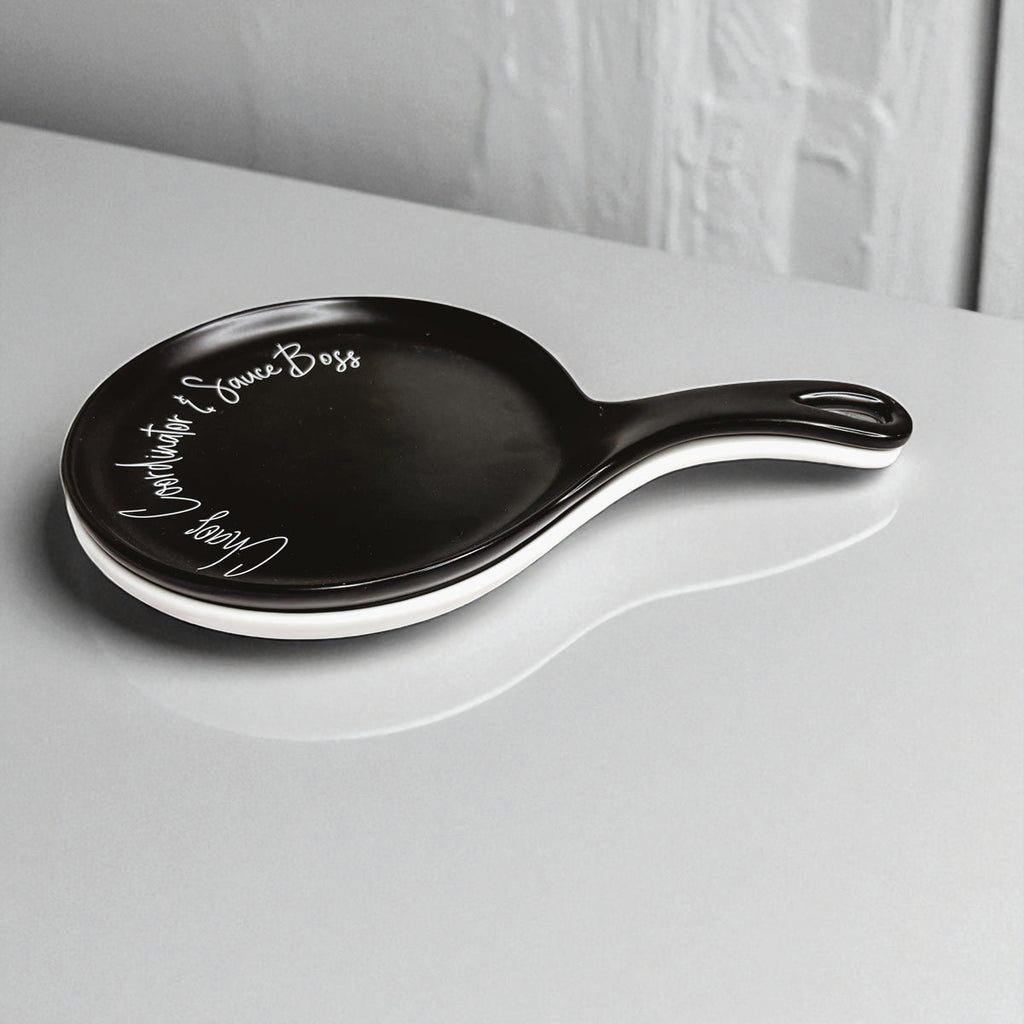 Chaos & Sauce Boss Spoon Rest with Wooden Spoon – Funny Porcelain Kitchen Gift