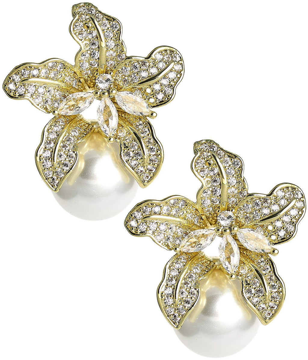 Charlotte 18K Gold Plated Rhinestone & Pearl Stud Earrings