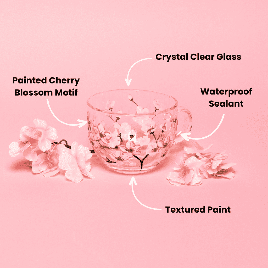 Hand-Painted Cherry Blossom Glass Mugs – Set of 2