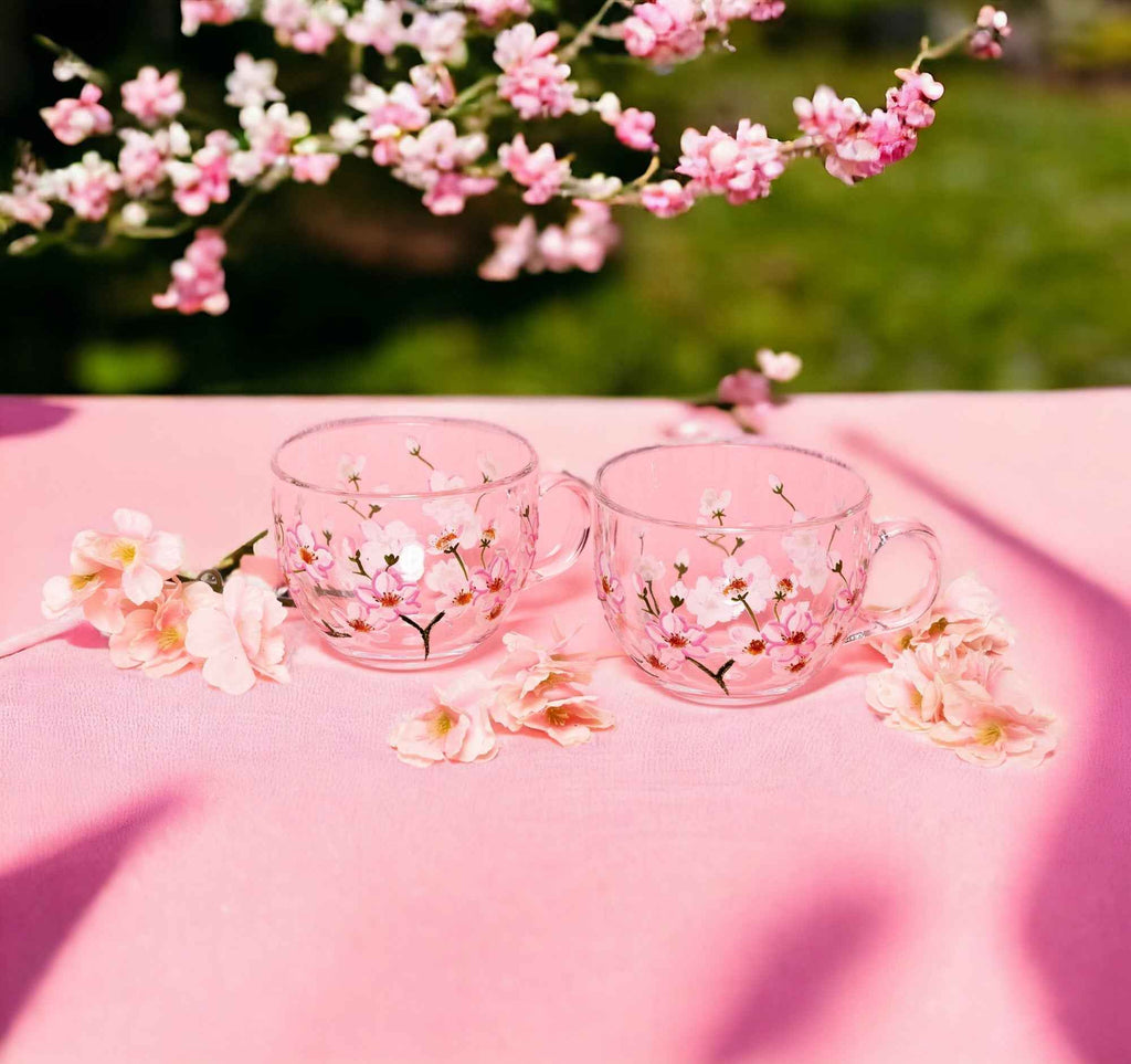 Hand-Painted Cherry Blossom Glass Mugs – Set of 2