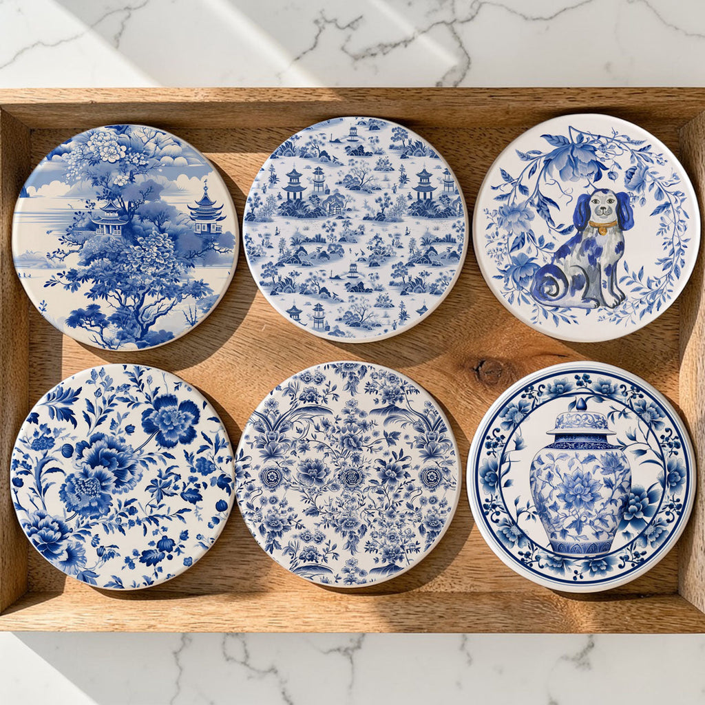 Blue & White Chinoiserie Ceramic Coasters – Classic Porcelain-Inspired Designs