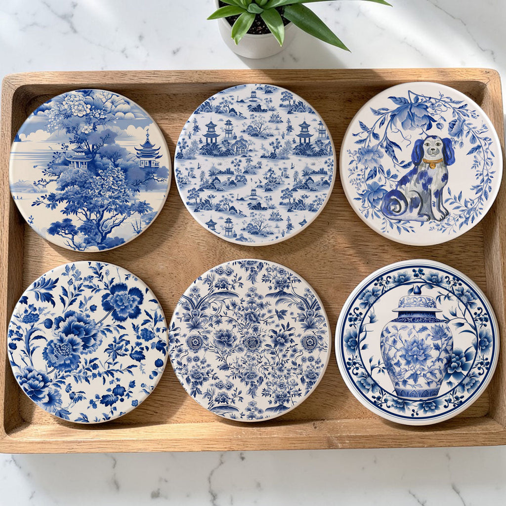 Blue & White Chinoiserie Ceramic Coasters – Classic Porcelain-Inspired Designs