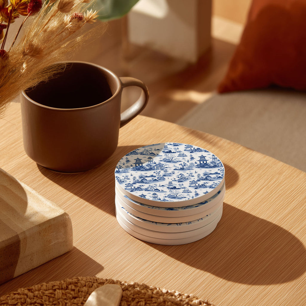 Blue & White Chinoiserie Ceramic Coasters – Classic Porcelain-Inspired Designs