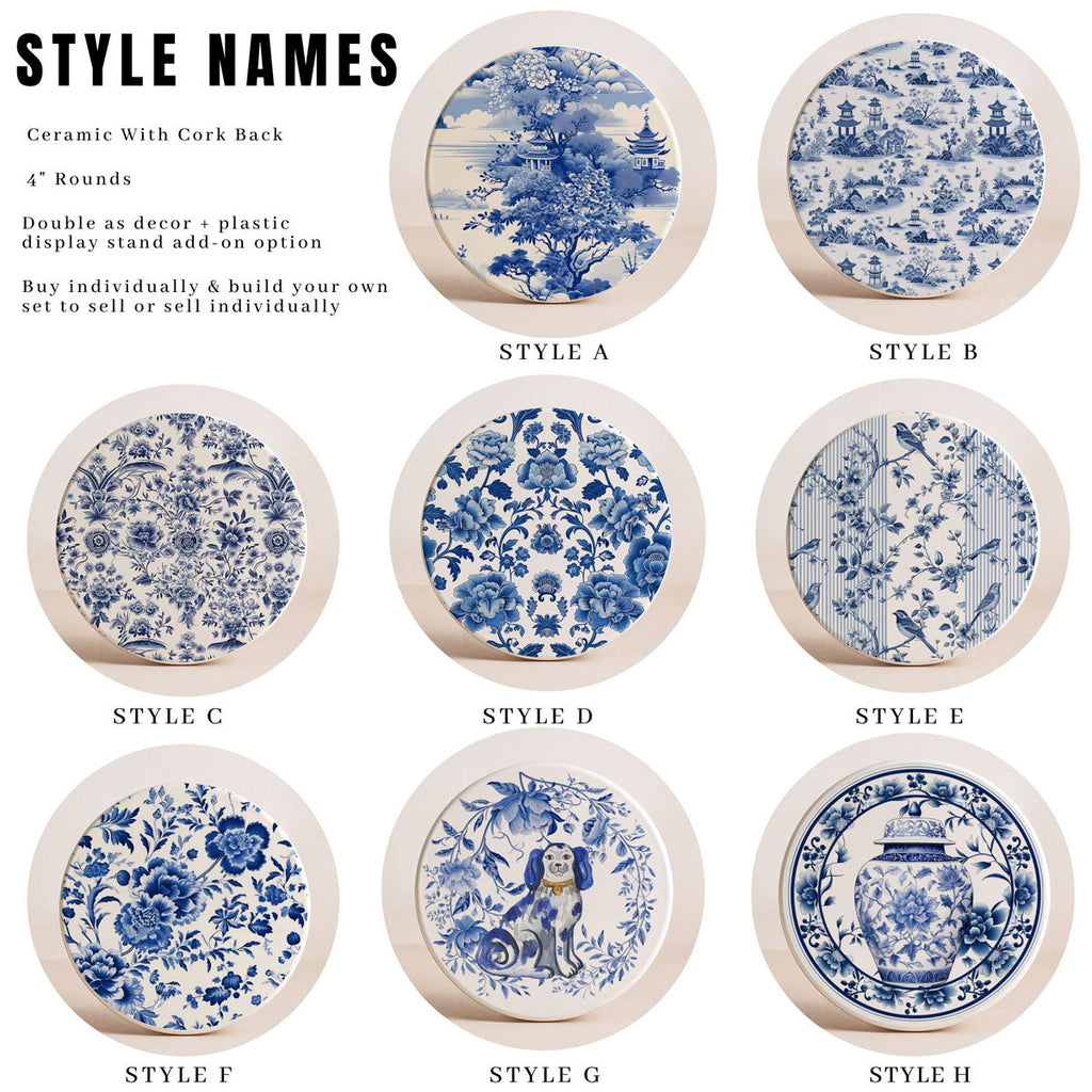 Blue & White Chinoiserie Ceramic Coasters – Classic Porcelain-Inspired Designs