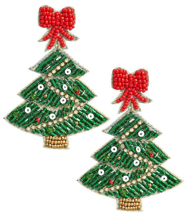 Christmas Tree Beaded Earrings with Red Bow