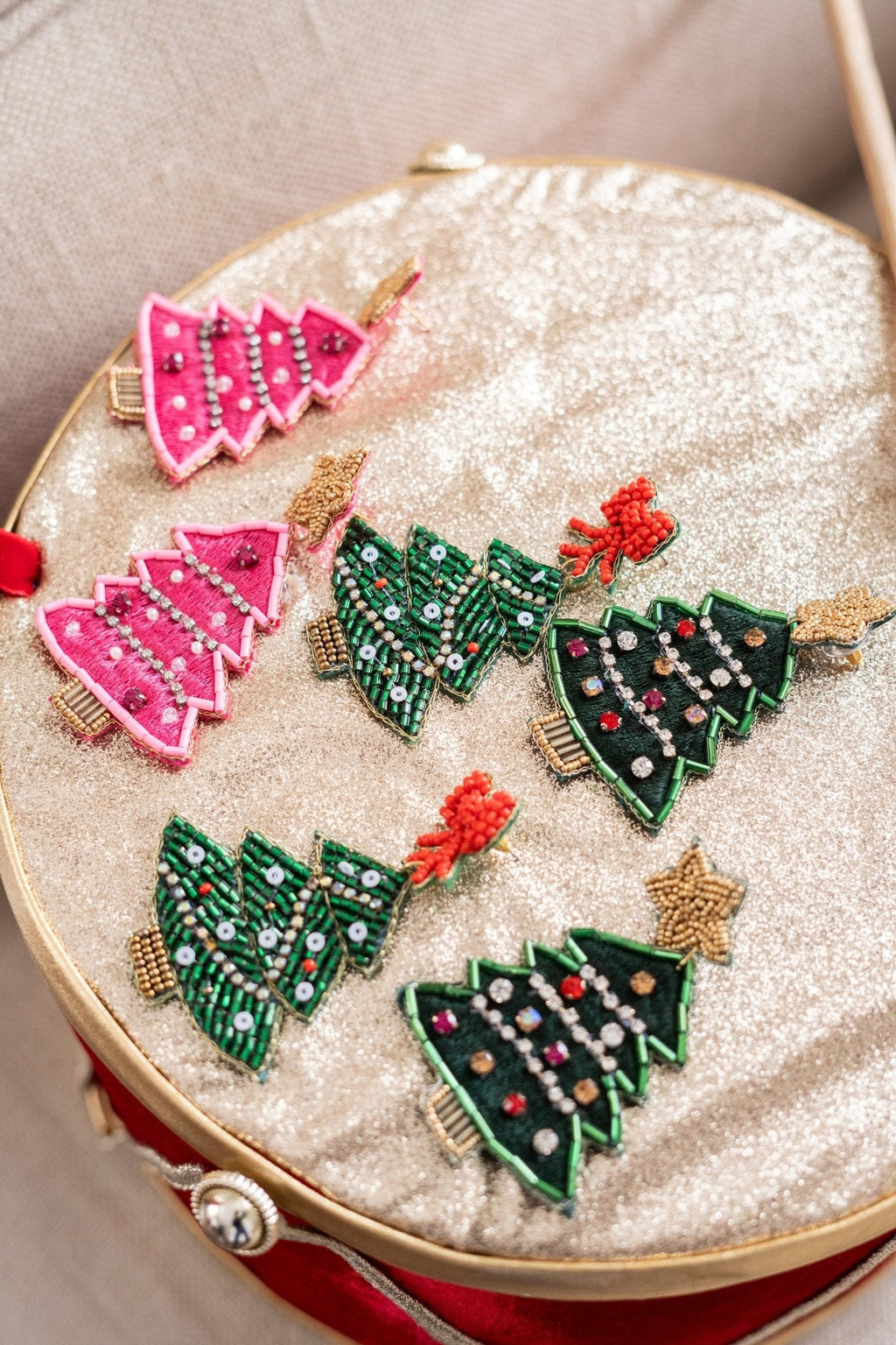 Christmas Tree Beaded Earrings with Red Bow