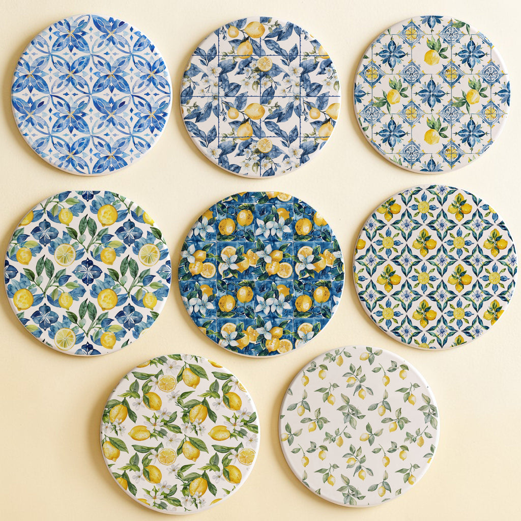 Mediterranean Lemon Ceramic Coasters – Blue Tile & Citrus Designs (4