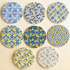 Mediterranean Lemon Ceramic Coasters – Blue Tile & Citrus Designs (4