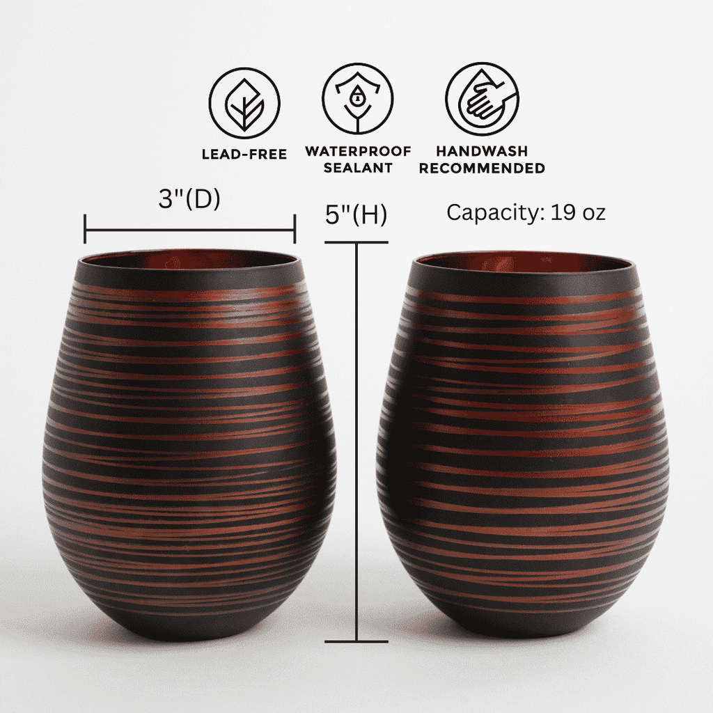 Black Swirl Stemless Wine Glasses with Copper Interior – Set of 2