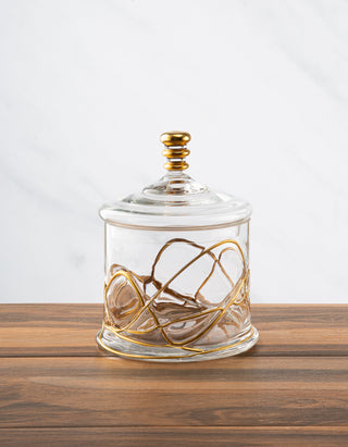 Elegant Glass Storage Jar with 14K Gold Swirl Design-Small