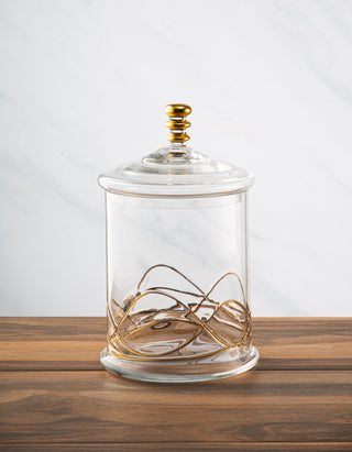 Elegant Glass Storage Jar with 14K Gold Swirl Design-Medium