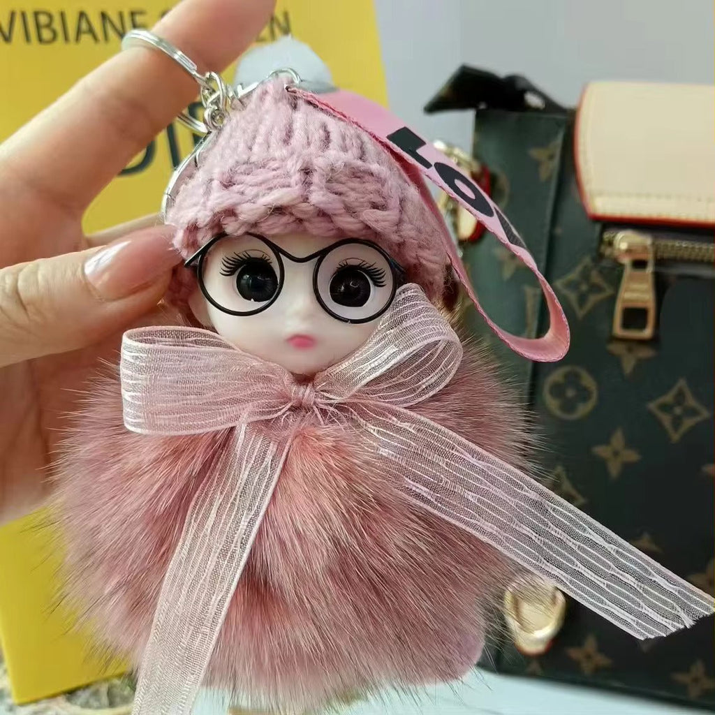 Cute Plush 3D Sleeping Baby Dolls Keychain Bag Charms with Fox Fur Pompoms - Anara Lifestyle