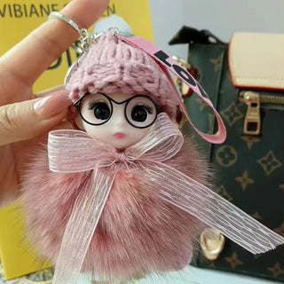 Cute Plush 3D Sleeping Baby Dolls Keychain Bag Charms with Fox Fur Pompoms - Anara Lifestyle