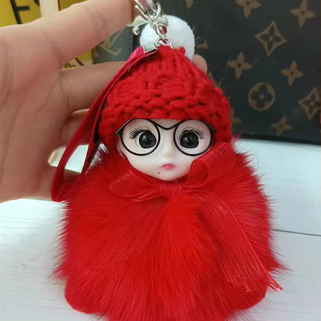 Cute Plush 3D Sleeping Baby Dolls Keychain Bag Charms with Fox Fur Pompoms - Anara Lifestyle