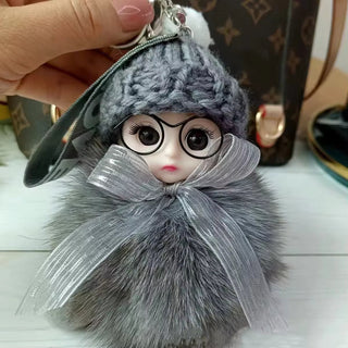 Cute Plush 3D Sleeping Baby Dolls Keychain Bag Charms with Fox Fur Pompoms - Anara Lifestyle