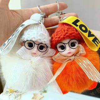 Cute Plush 3D Sleeping Baby Dolls Keychain Bag Charms with Fox Fur Pompoms - Anara Lifestyle