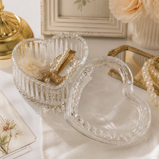 Vintage Ribbed Heart Glass Storage Box for Jewelry & Keepsakes