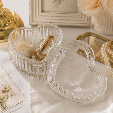 Vintage Ribbed Heart Glass Storage Box for Jewelry & Keepsakes
