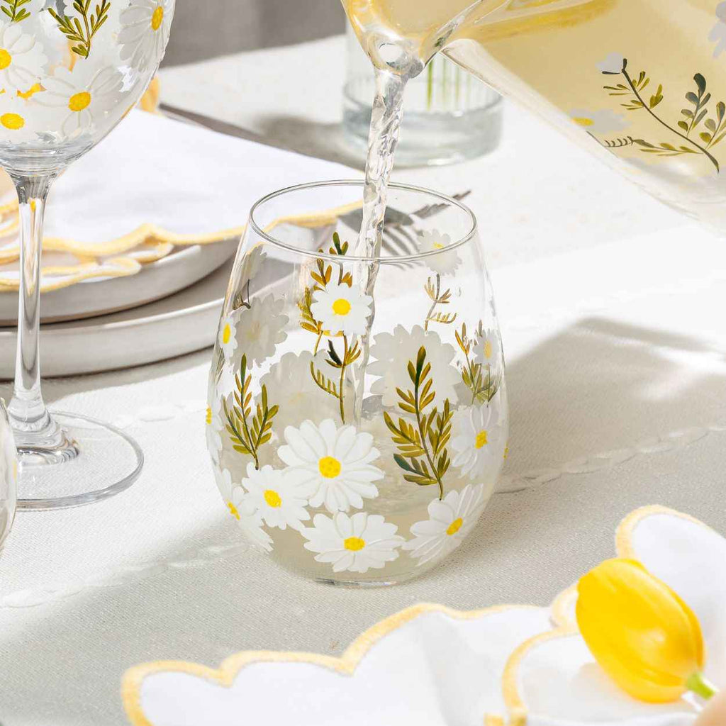 Daisy Painted Stemless Wine Glasses – Set of 2