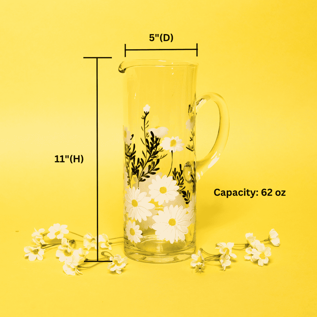 Hand-Painted Daisy Glass Pitcher – 62 oz
