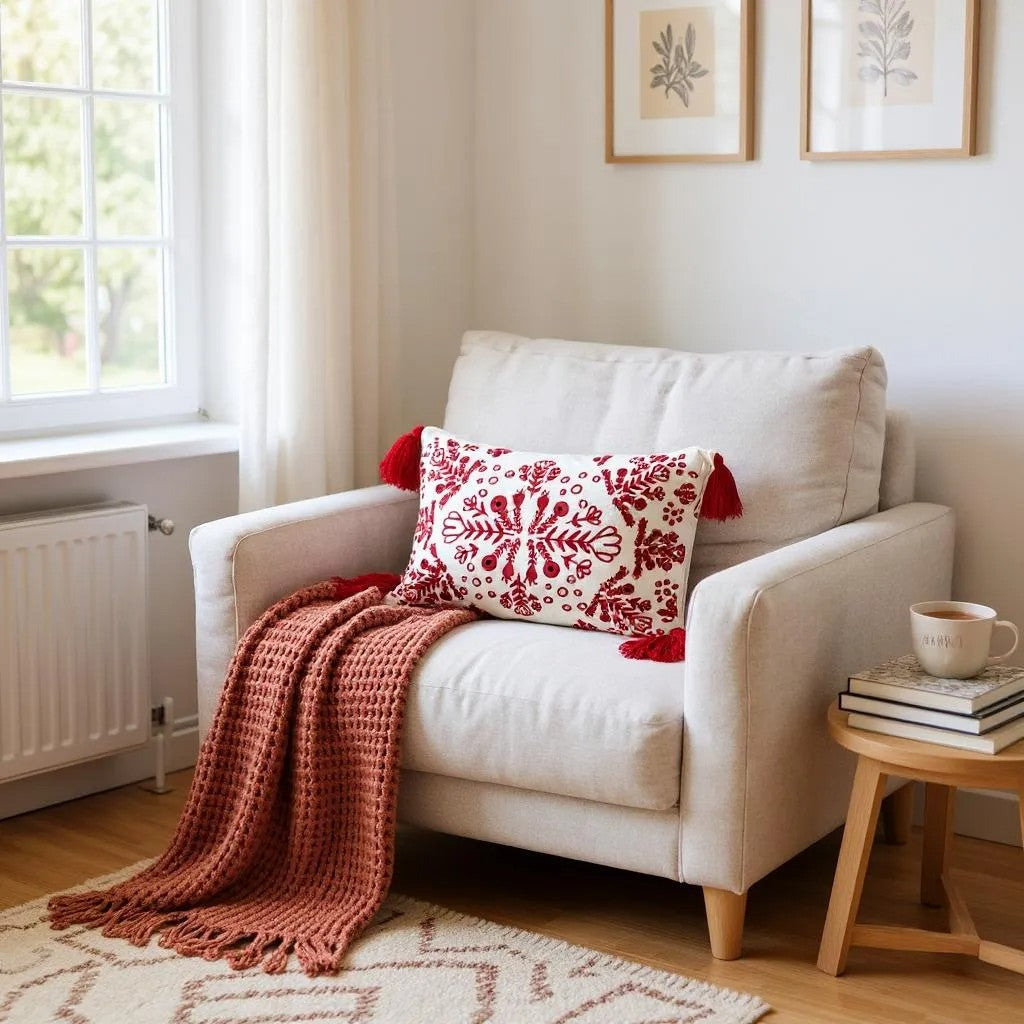 Red & White Embroidered Throw Pillow with Tassels – Handcrafted Home Decor