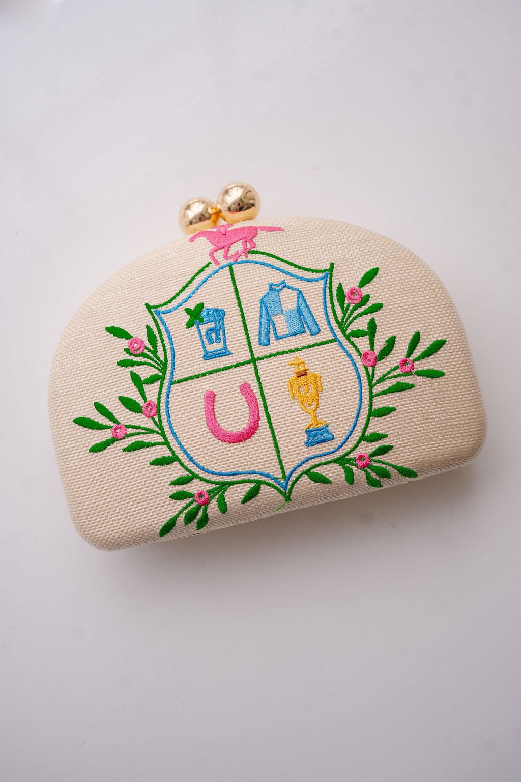 Derby Embroidered Clutch with Gold Chain Strap – Oval Evening Bag