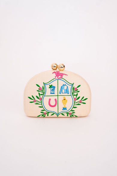 Derby Embroidered Clutch with Gold Chain Strap – Oval Evening Bag