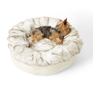 PupPouf™ Faux Fur Donut Dog Bed – White with Brown Accents