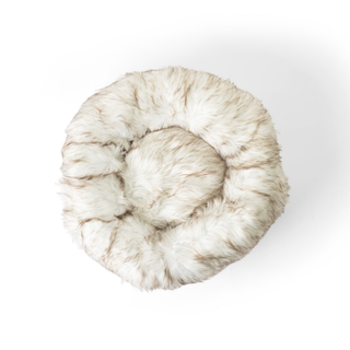 PupPouf™ Faux Fur Donut Dog Bed – White with Brown Accents