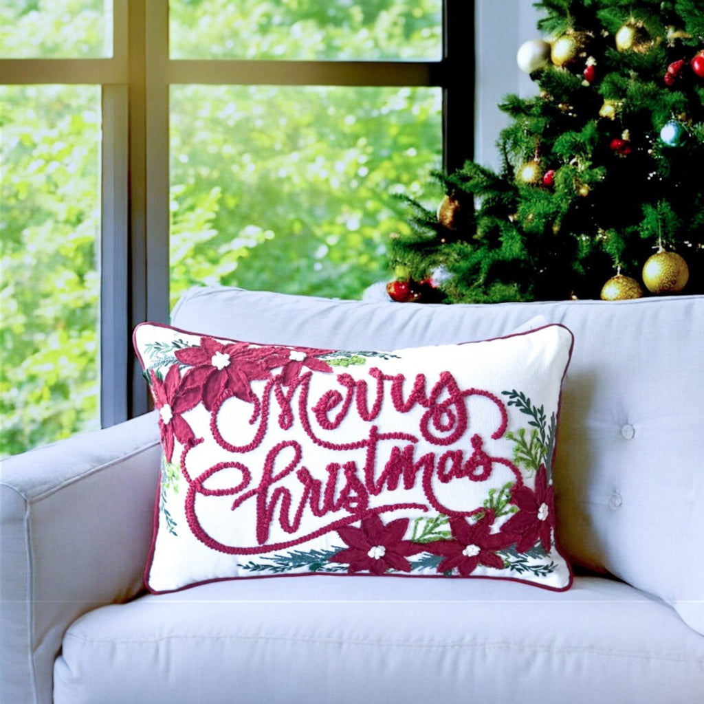 Merry Christmas Vintage Poinsettia Throw Pillow – Holiday Collection